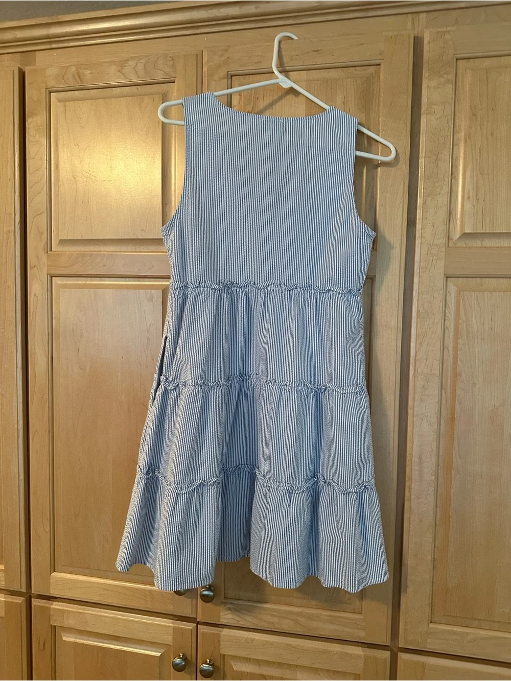 J. Crew Blue and White Striped Tiered V-Neck Midi Dress